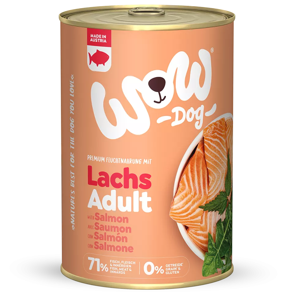 Lata WOW Salmón con diente de león y ortiga. Comida para perros