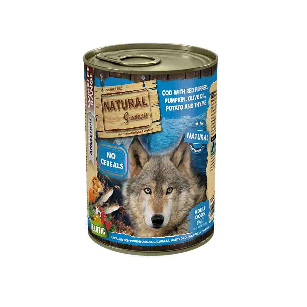 Natural Greatness - Lata Bacalao, pimiento y calabaza.  Comida para perros.