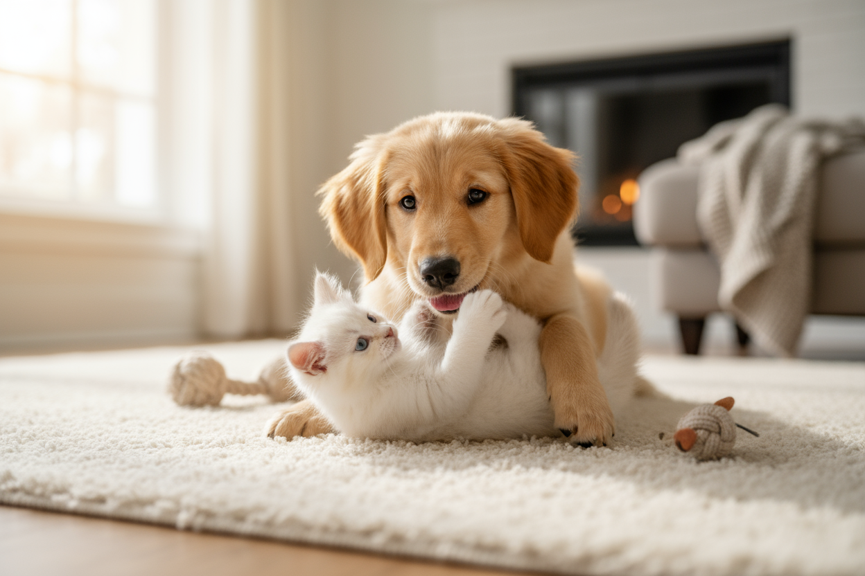 crea una imagen de un perro y un gato cachorros jugando entre ellos 