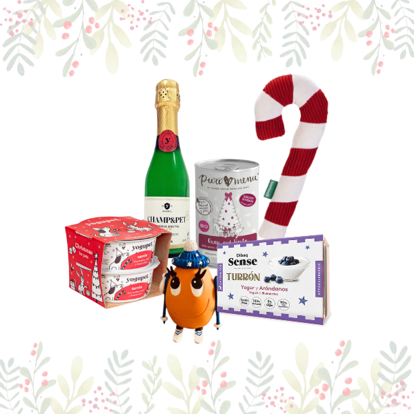 Cesta hipoalergénica navideña. Premios para perros navideños.